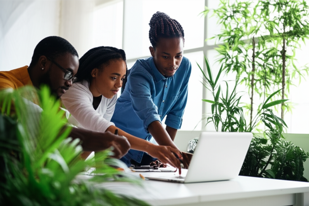 Équipe d'entrepreneurs africains collaborant dans un bureau moderne