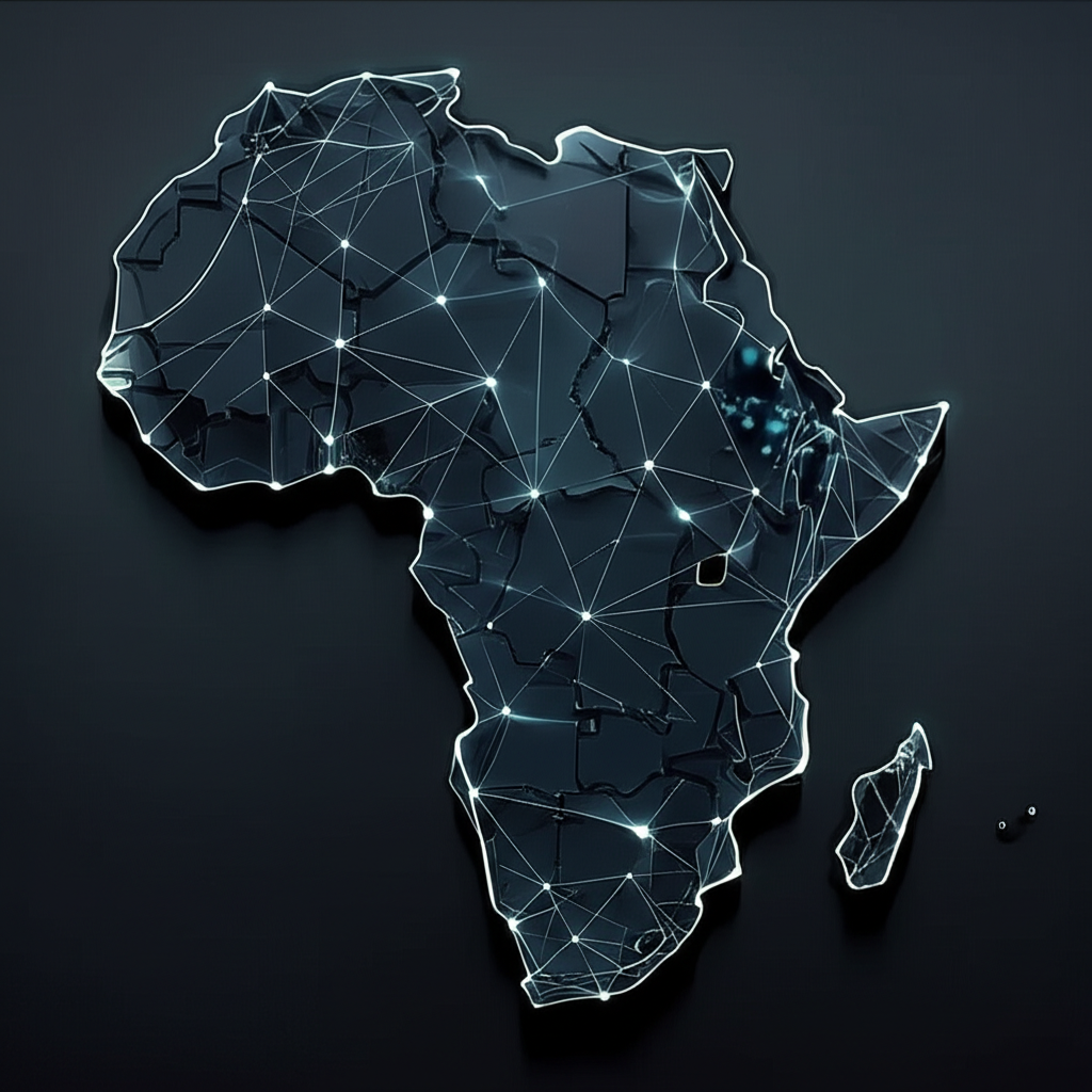 Réseau abstrait connectant les villes africaines sur une carte numérique