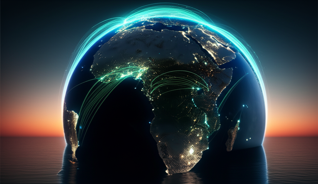 Vue satellite de l'Afrique avec des flux de données lumineux